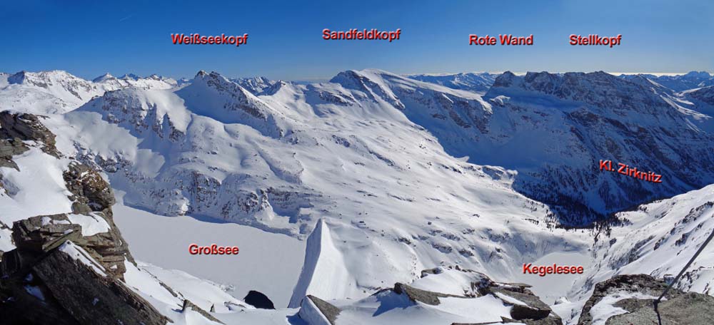 der Blick ins Kleine Zirknitztal, alle bezeichneten Gipfel sind mit Schi erreichbar