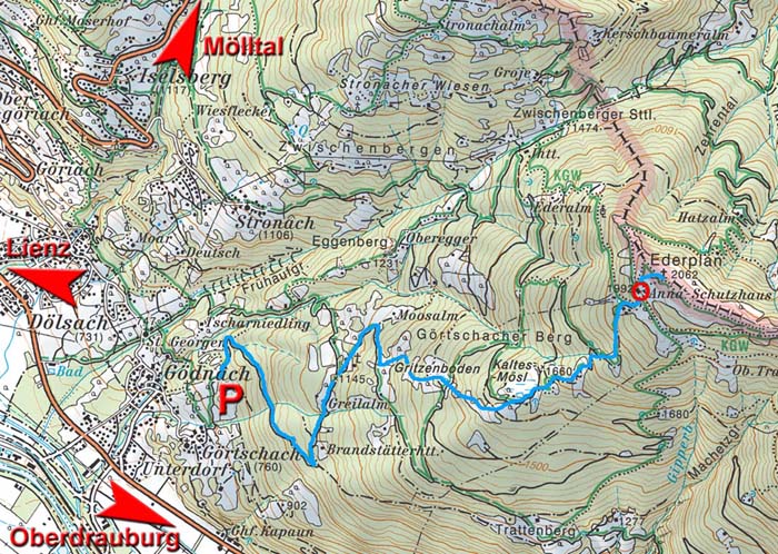 Karte Ederplan, Loneskopf der Landesgrenze Osttirol-Kärnten folgend nach rechts außerhalb des Bildrands