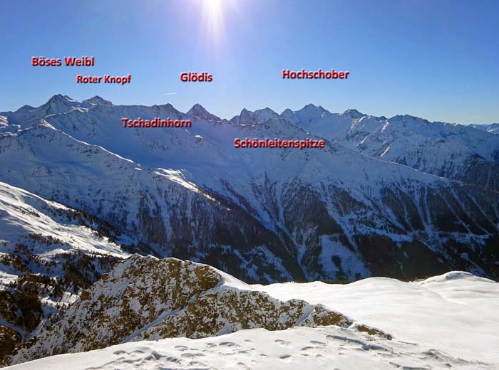 alle diese Berge werden mit Schi erstiegen; auf den wunderbaren Glödis führt ein netter Klettersteig (s. Archiv Bergsteigen)