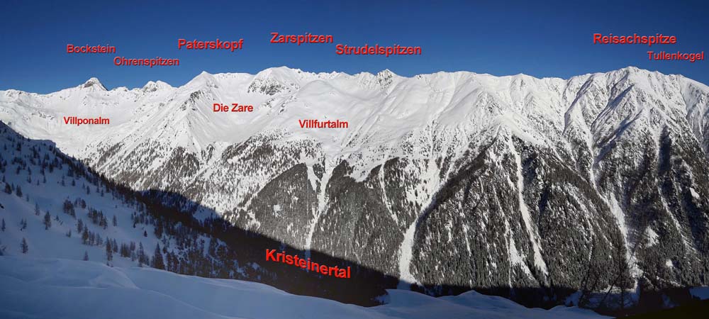 ... und einen wunderbaren Blick auf die gegenüber liegende Bergkette erhalten (winterliche Überschreitung vom Tullenkogel bis zu den Strudelspitzen s. Archiv Bergsteigen)