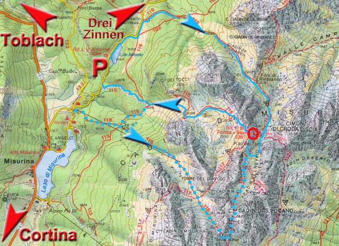 Karte; die gepunktete Route ist der anspruchsvollere Giro di Cadini