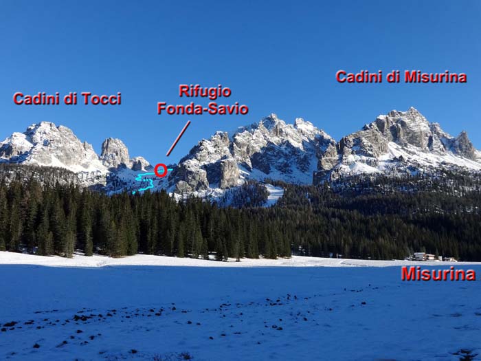 die Cadingruppe in den südlichen Sextener Dolomiten; unser Aufstieg links außerhalb des Bildrandes, Abfahrt von der Fonda-Savio-Hütte