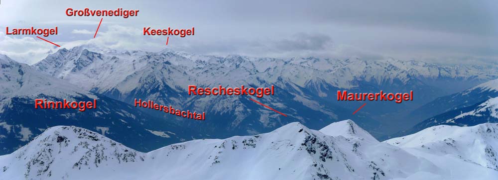 Gipfelschau gegen SW bis tief in die Zillertaler Alpen hinein