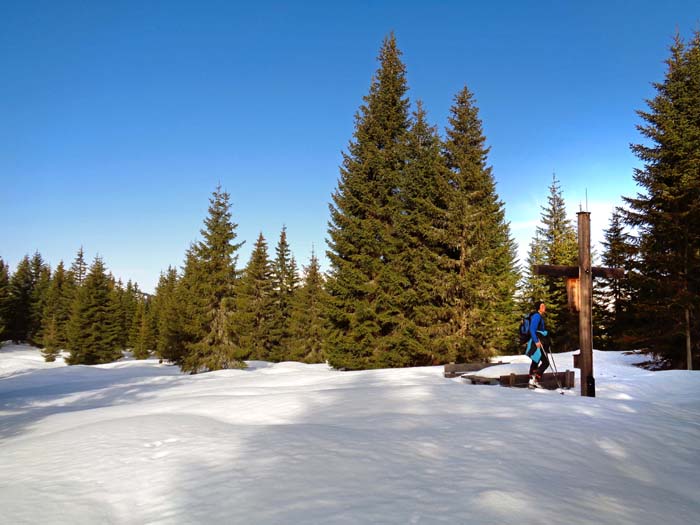 einsamer Waldberg mit Gipfelkreuz: das Blümeck