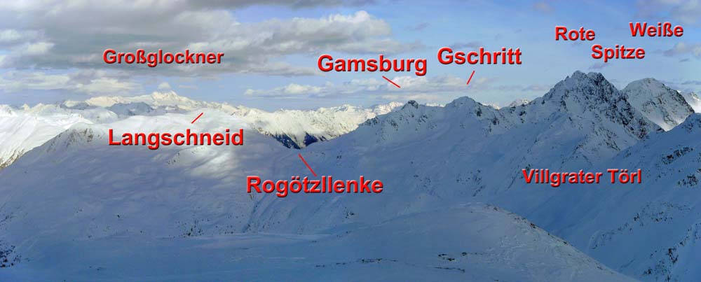 am Pfoisattel zeigen sich sowohl die höchsten Berge der Villgratner (rechts) als auch der höchste Gipfel Österreichs
