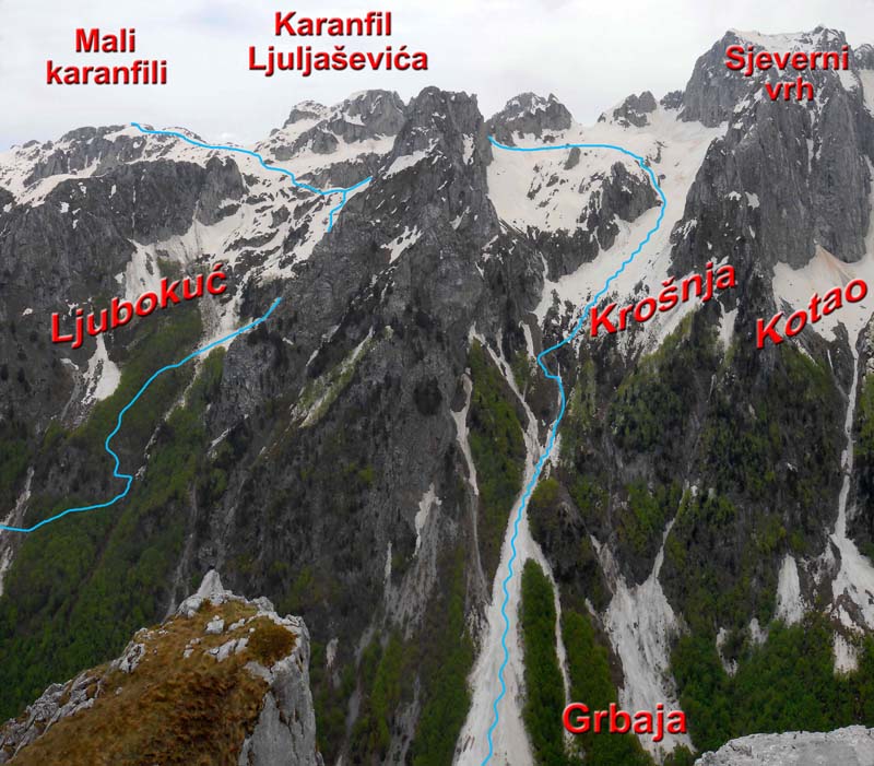 die Karanfili-Runde von W, vom Gipfel des Maja Can; ausschlaggebend für die Wahl war der bis ins Tal reichende Lawinenkegel und die nur relativ kurze Unterbrechung (Steiglein) in der Krošnja