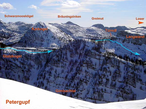 ... rechts anschließend ein Teil des NW-Plateaus; der blauen Linie folgt unser extravaganter Aufstieg auf den Mittagkogel vor fünf Jahren