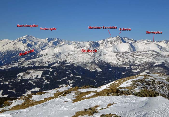 im Nordwesten die Hafnergruppe mit den östlichsten Dreitausendern Österreichs und die Hochalmspitze