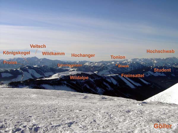 die zentralen Mürzsteger Alpen von NO (Göller); fünf klassische Schiberge in einem Zug