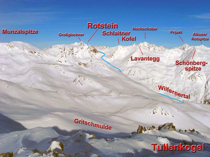 von SSW (Tullenkogel) geht unser markanter Zapfen vor dem höchsten Berg Österreichs beinahe unter; der Aufstieg von S durchs einsame Wilfernertal ...