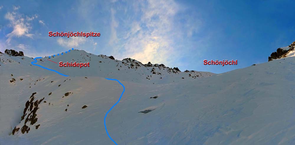 ... bis knapp unters Schönjöchl und streben den kurzen Nordgrat auf den Gipfel an