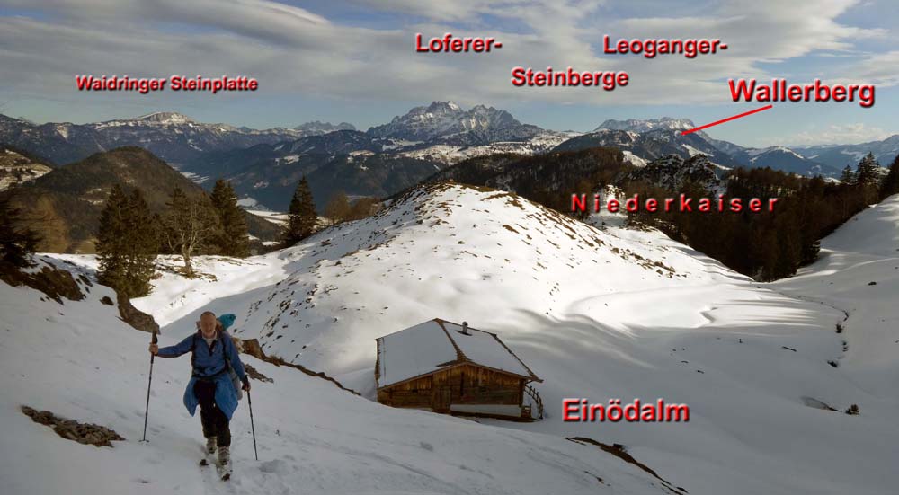 das Berggebiet zwischen Steinberge und Niederkaiser - hier von W (Einödalm) - wird von den Einheimischen Kalkstein genannt; höchste Erhebung ist der Wallerberg